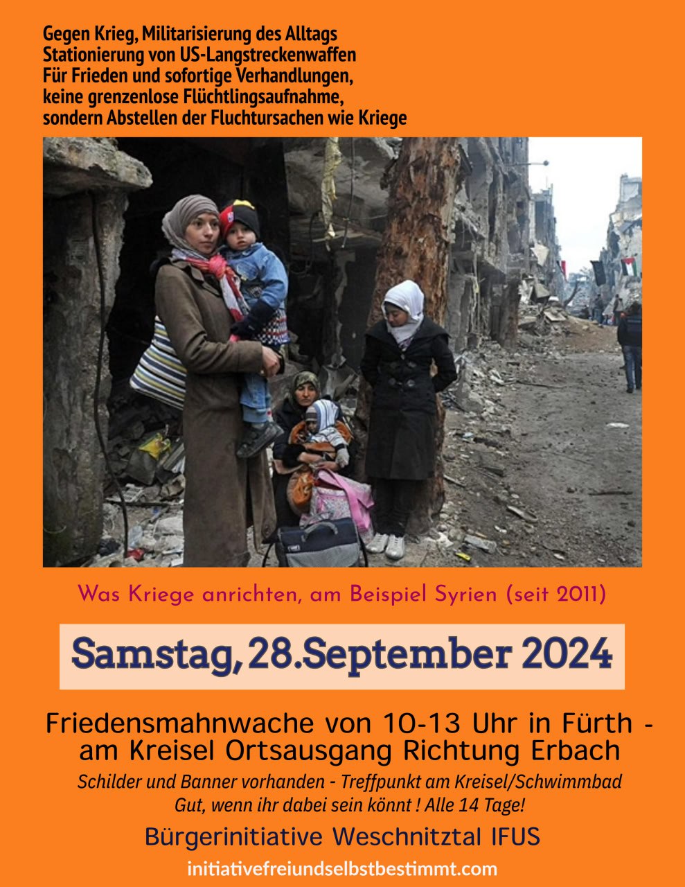 Gegen Krieg, Militarisierung des Alltags und Stationierung von US-Langstreckenwaffen. Für Frieden und sofortige Verhandlungen. Keine grenzenlose Flüchtlingsaufnahme, sondern Abstellen der Fluchtursachen wie Kriege. – Samstag, 28. September 2024 10-13 Uhr – Fürth im Odenwald – Schwimmbadparkplatz/Kreisel – alle 14 Tage – Friedensmahnwache/Schilderaktion/Flugblätter